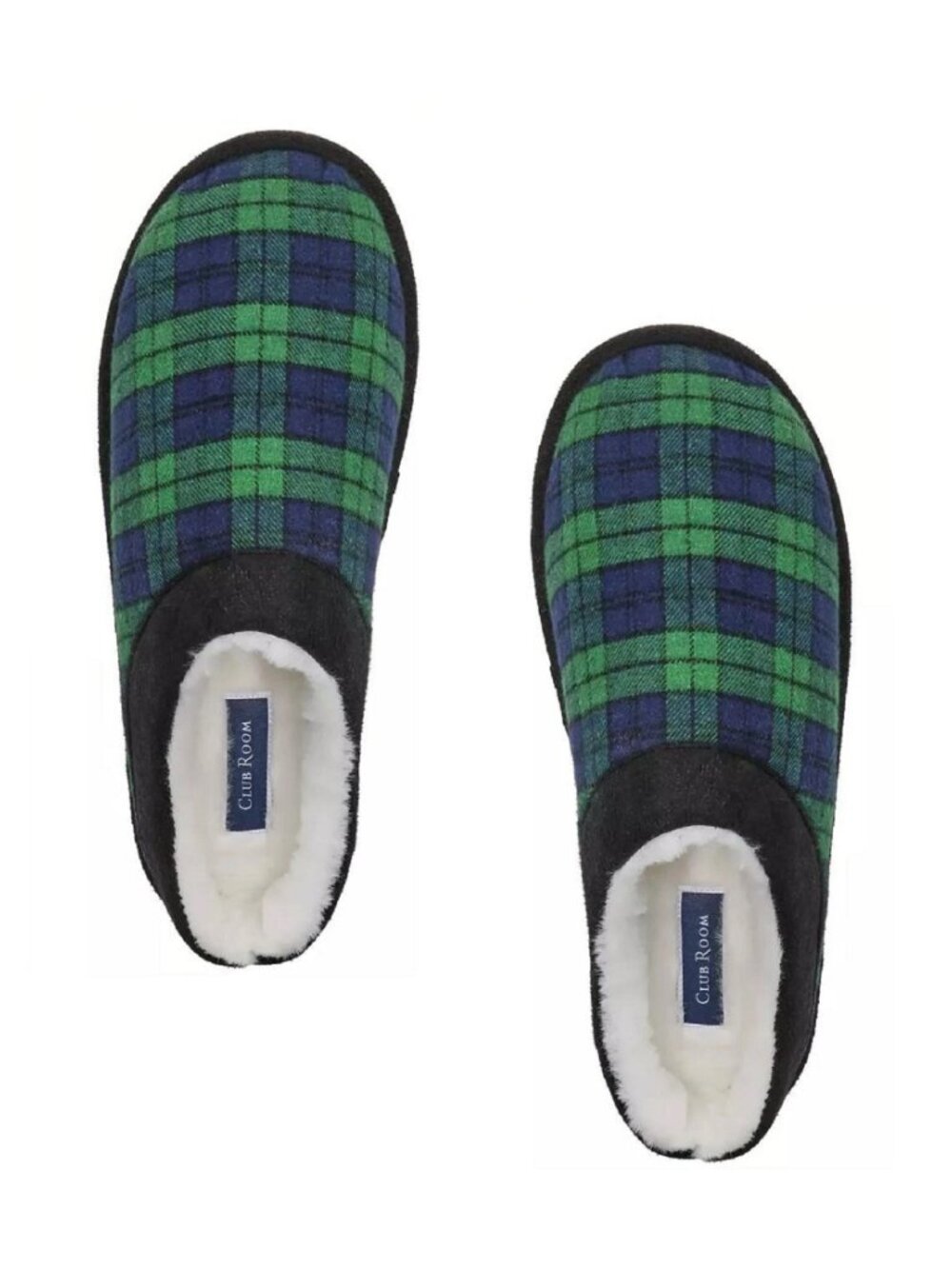 new  Size Medium 8 - 9 Club Room Men's Blackwatch Navy + Green Tartan Slippers